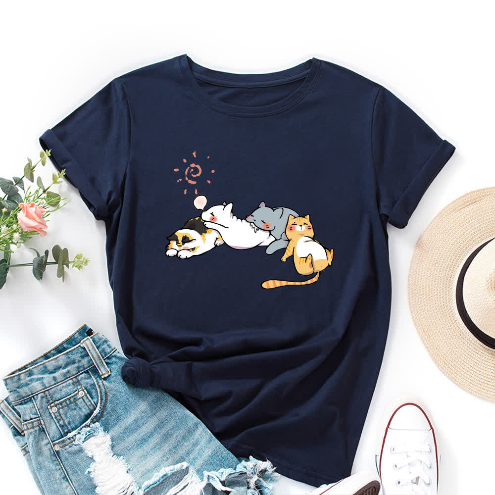 Plus Size Cat Print Round Neck Short Sleeve T-Shirt - Navy Blue - 5XL - image 8