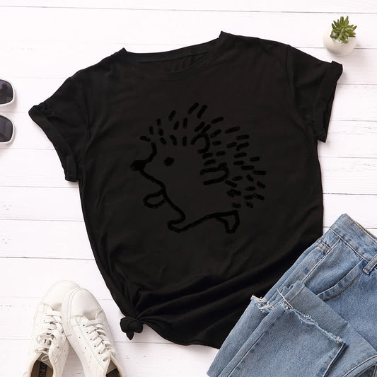 Plus Size Hedgehog Print Round Neck Short Sleeve T-Shirt - Black - 5XL - image 1