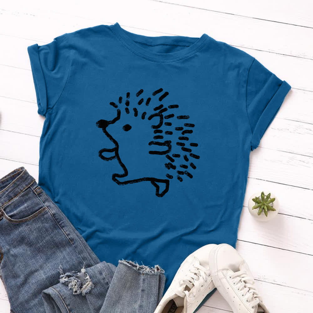 Plus Size Hedgehog Print Round Neck Short Sleeve T-Shirt - Royal Blue - 5XL - image 4
