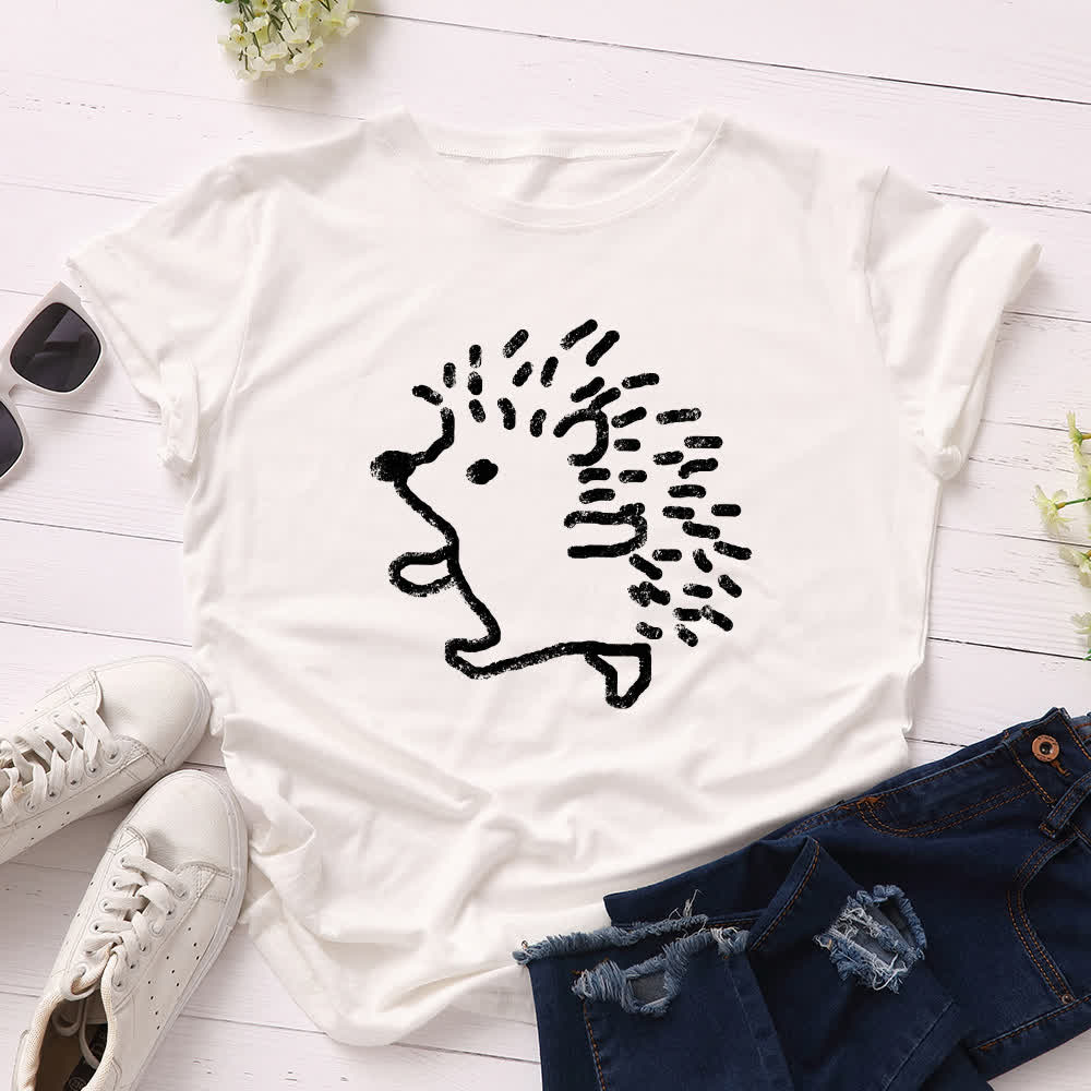 Plus Size Hedgehog Print Round Neck Short Sleeve T-Shirt - White - 5XL - image 4