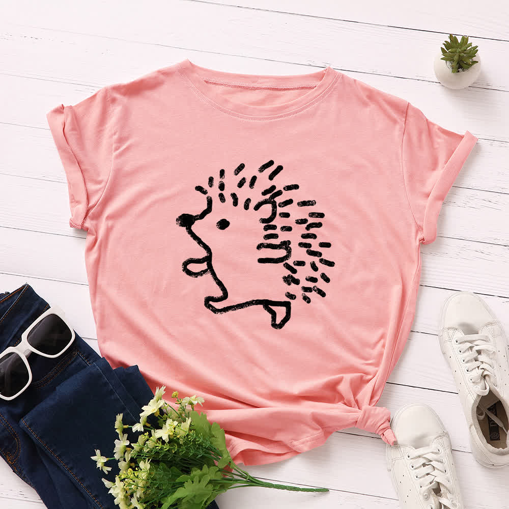 Plus Size Hedgehog Print Round Neck Short Sleeve T-Shirt - Dark Pink - 5XL - image 8