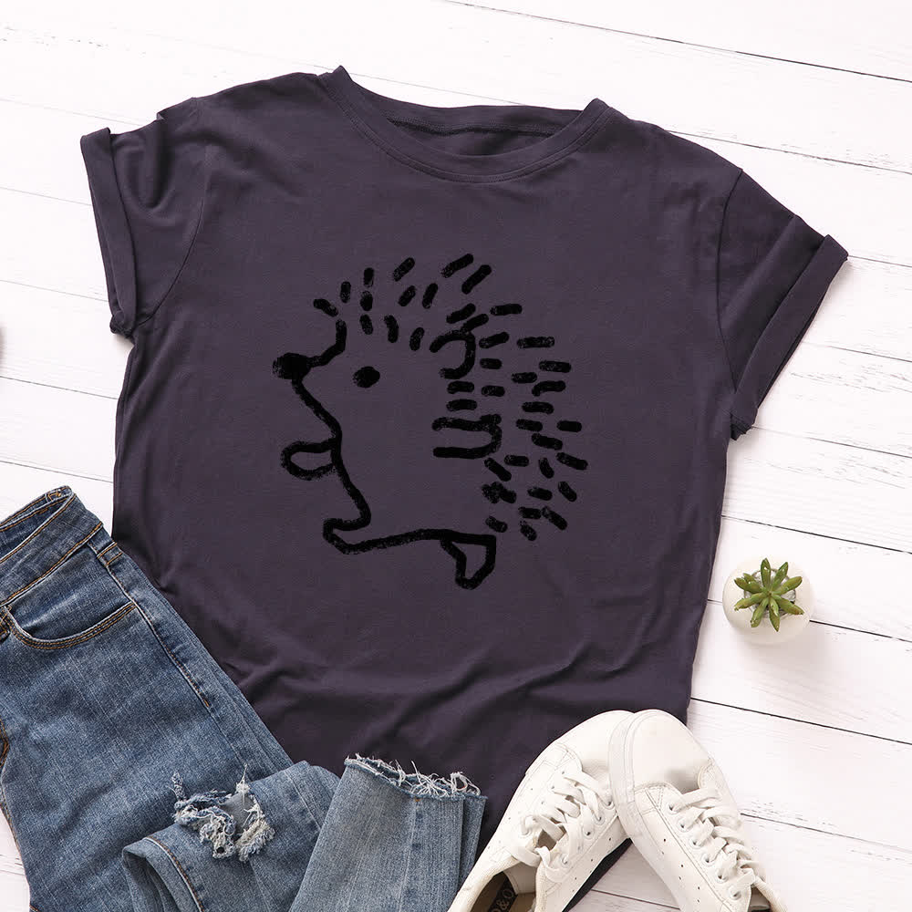 Plus Size Hedgehog Print Round Neck Short Sleeve T-Shirt - Navy Blue - 5XL - image 9