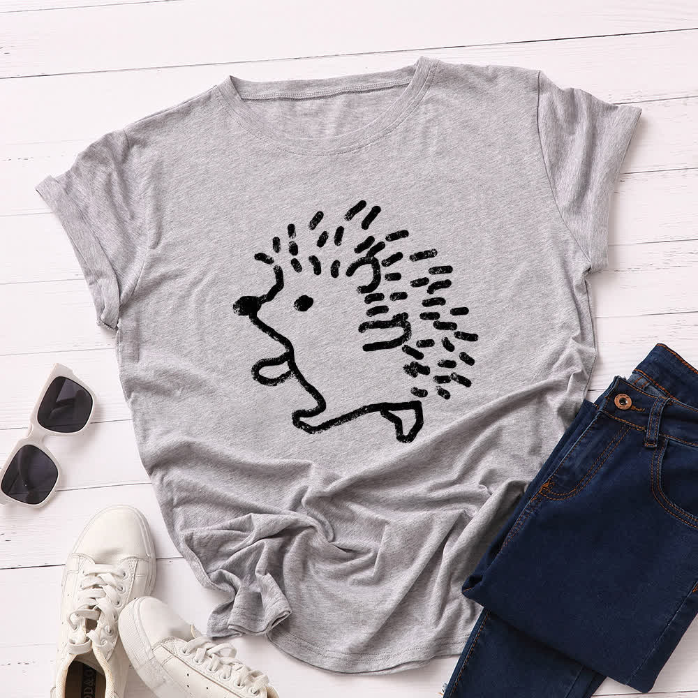 Plus Size Hedgehog Print Round Neck Short Sleeve T-Shirt - Light Gray - 5XL - image 10