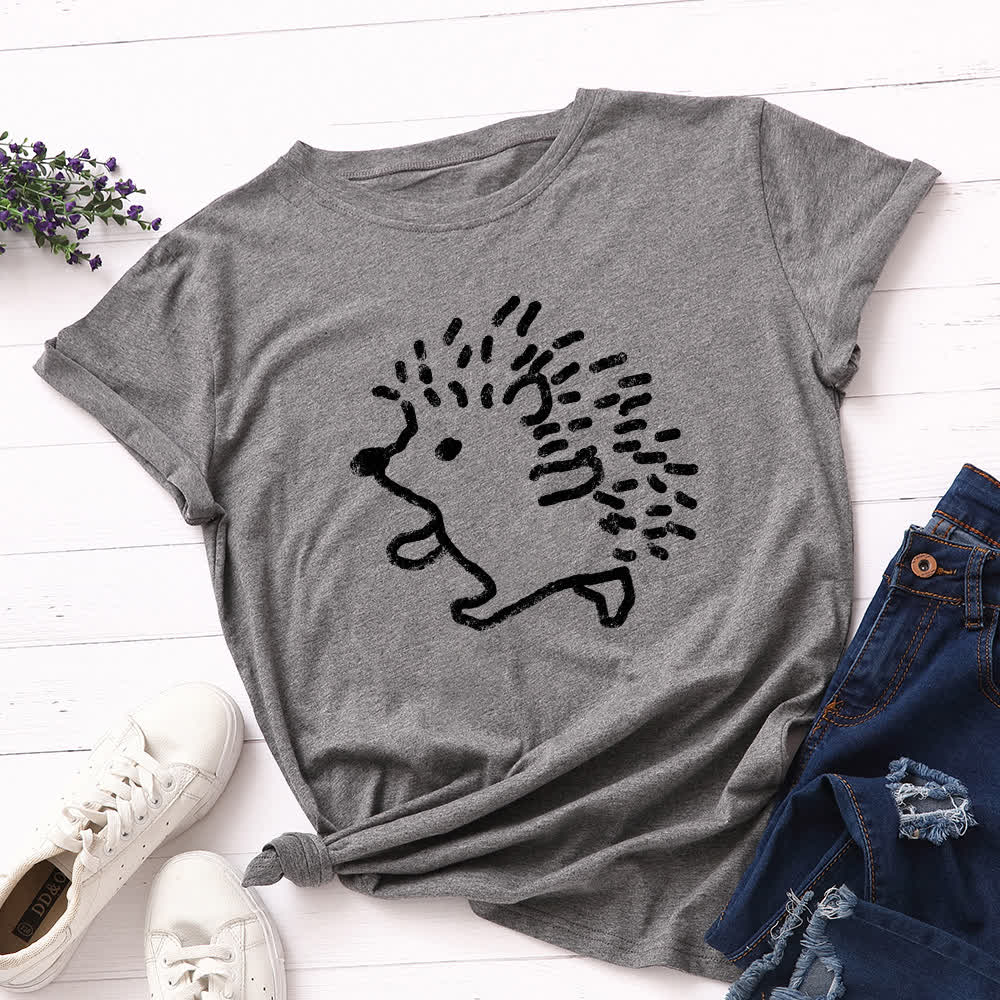 Plus Size Hedgehog Print Round Neck Short Sleeve T-Shirt - Dark Grey - 5XL - image 7