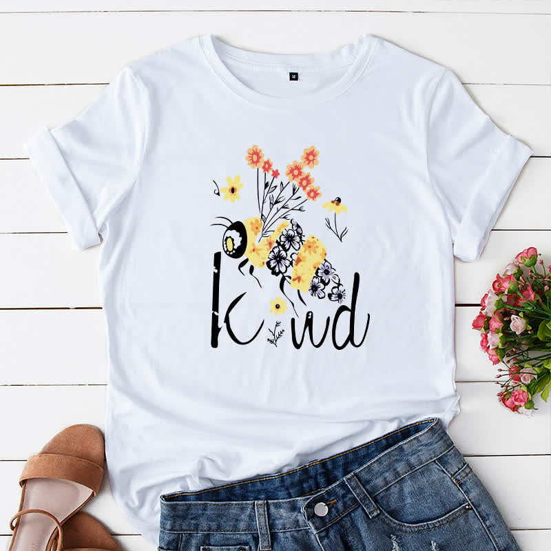 Plus Size Creative Bee Floral Print Short Sleeve T-Shirt - White - 5XL - image 3