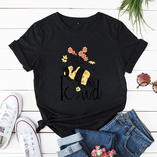 Plus Size Creative Bee Floral Print Short Sleeve T-Shirt - Black - 5XL - image 1