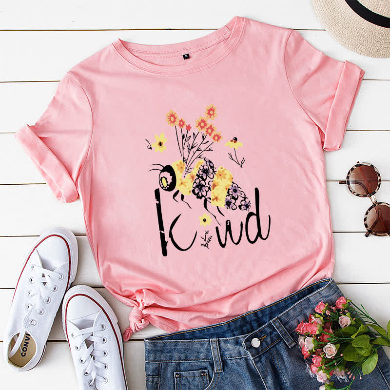 Plus Size Creative Bee Floral Print Short Sleeve T-Shirt - Pink - 5XL - image 8