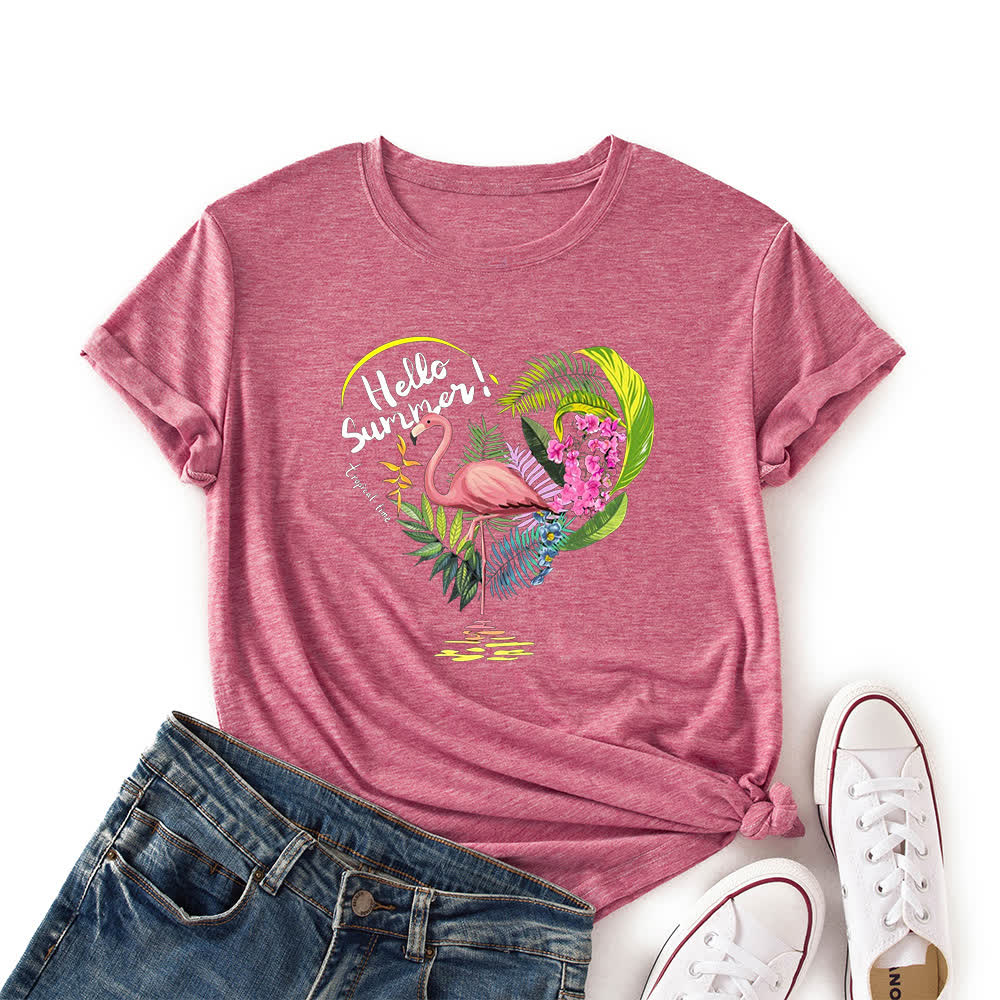 Plus Size Heart Flamingo Print Short Sleeve T-Shirt