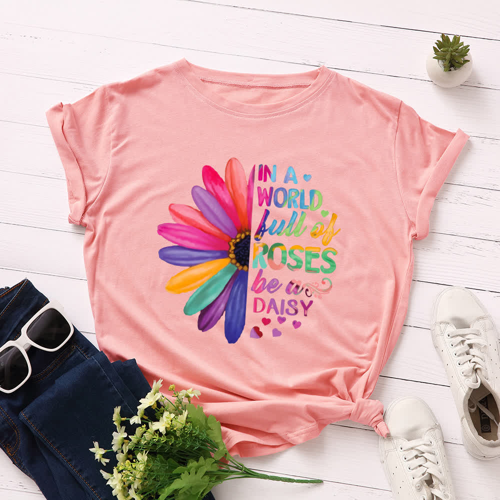 Plus Size Daisy Print Short Sleeve T-Shirt - Pink - 5XL - image 7