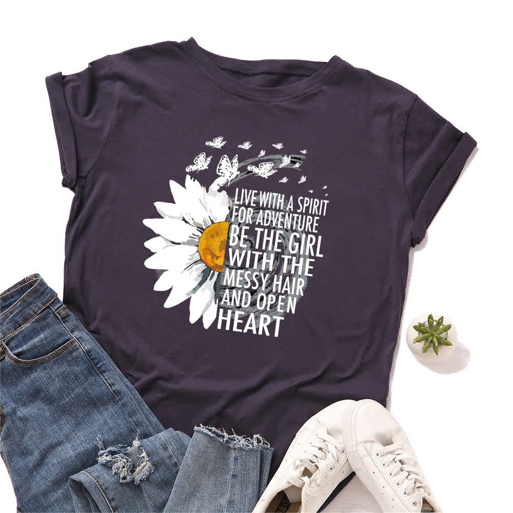 Plus Size Floral Letter Print Short Sleeve T-Shirt - Navy Blue - 5XL - image 8