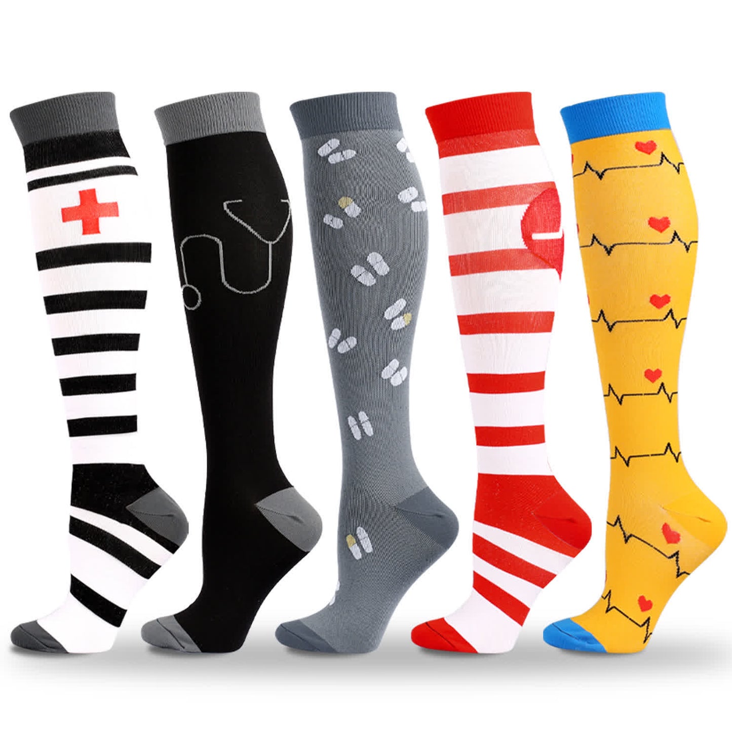 Medical Pattern Print Compression Socks(5 Pairs)