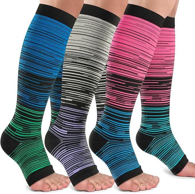 Black Striped Open Toe Compression Socks(3 Pairs) - Multicolor - 2XL - image 1