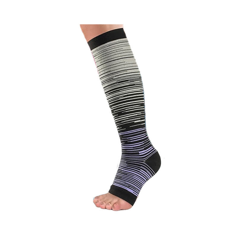 Black Striped Open Toe Compression Socks(3 Pairs) - Purple - 2XL - image 4