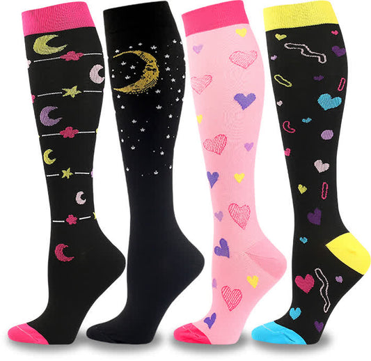 Heart and Moon Print Compression Socks(4 Pairs)