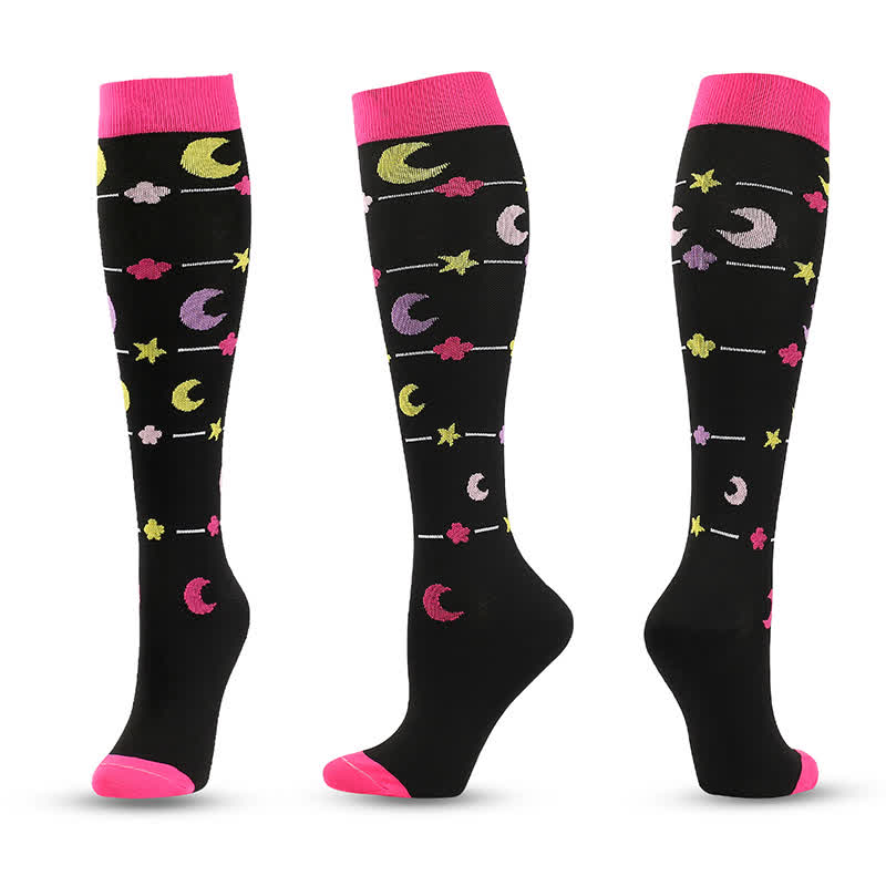 Heart and Moon Print Compression Socks(4 Pairs)
