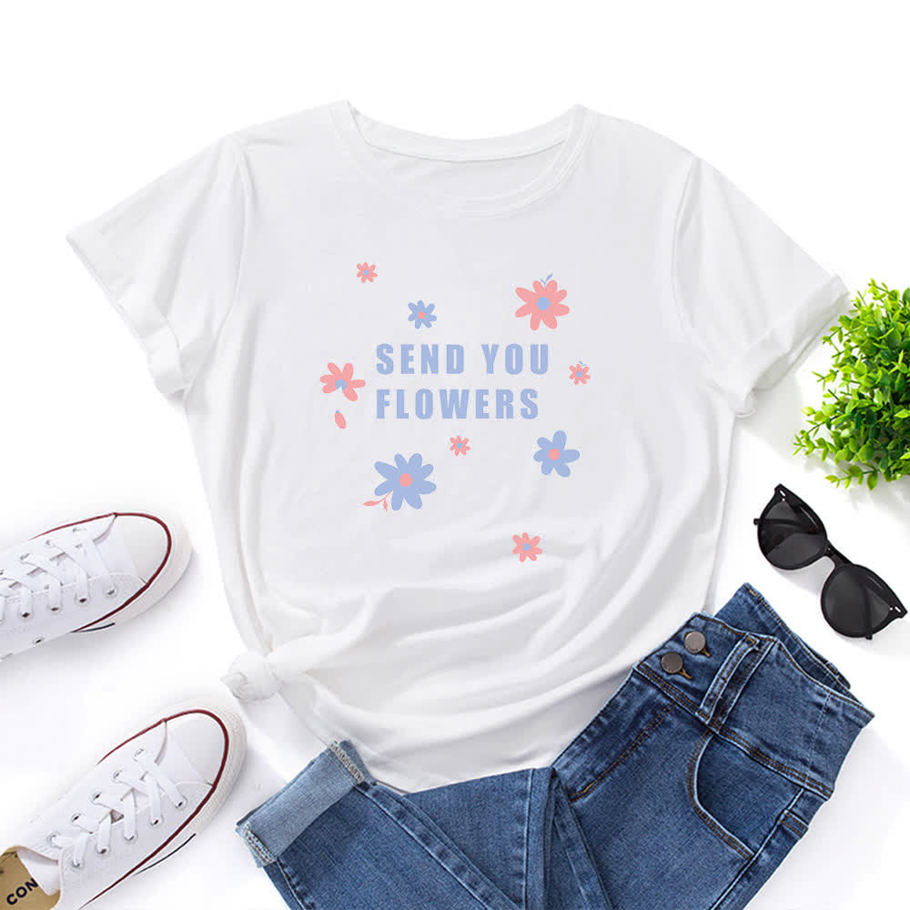 Plus Size Floral Round Neck Short Sleeve T-Shirt - White - 5XL - image 4