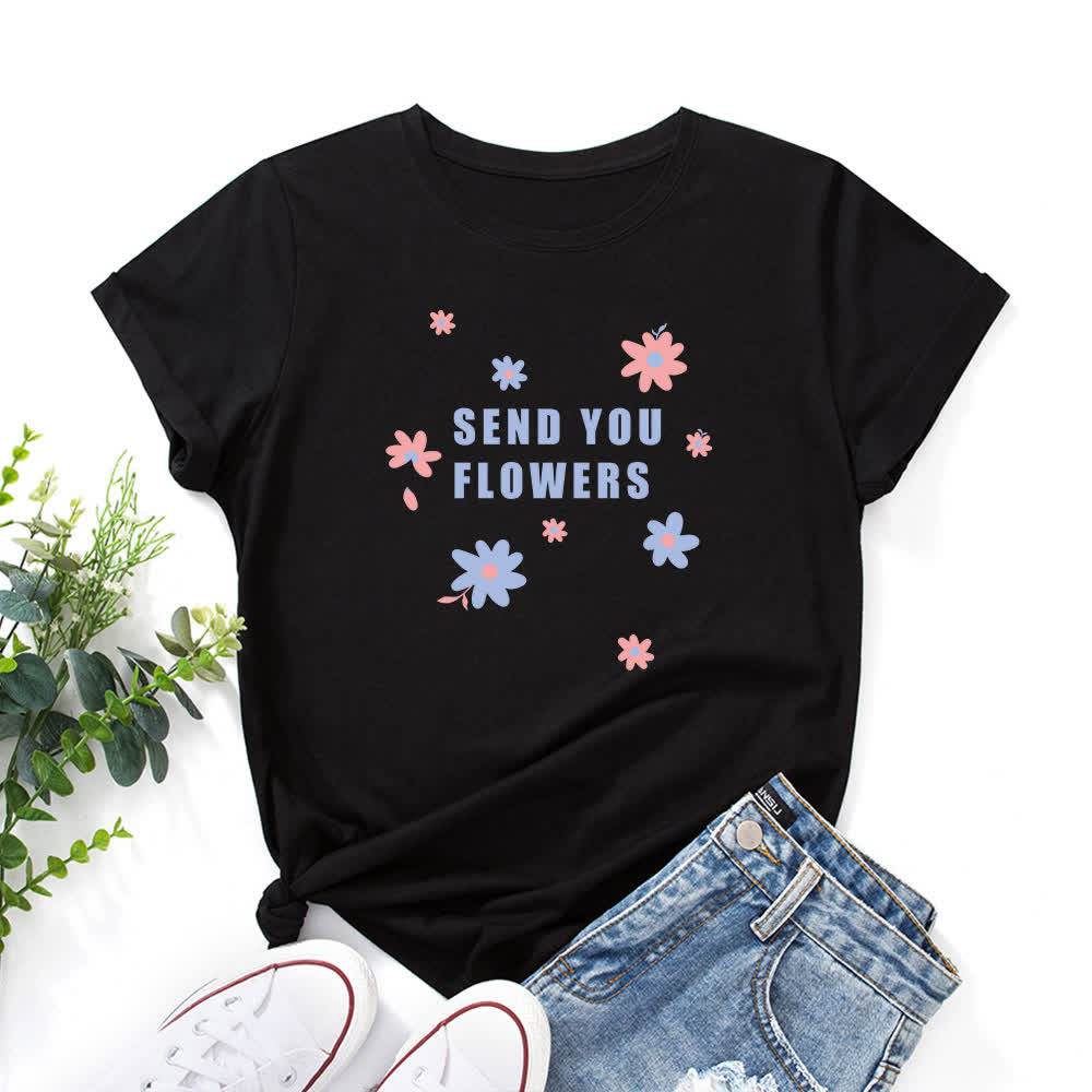 Plus Size Floral Round Neck Short Sleeve T-Shirt - Black - 5XL - image 1