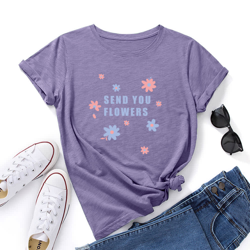 Plus Size Floral Round Neck Short Sleeve T-Shirt - Purple - 5XL - image 10