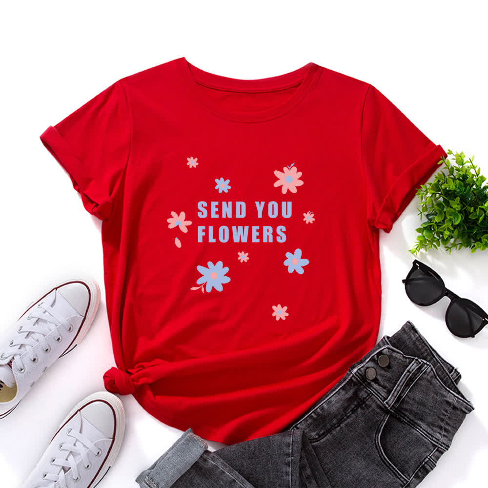 Plus Size Floral Round Neck Short Sleeve T-Shirt - Red - 5XL - image 2