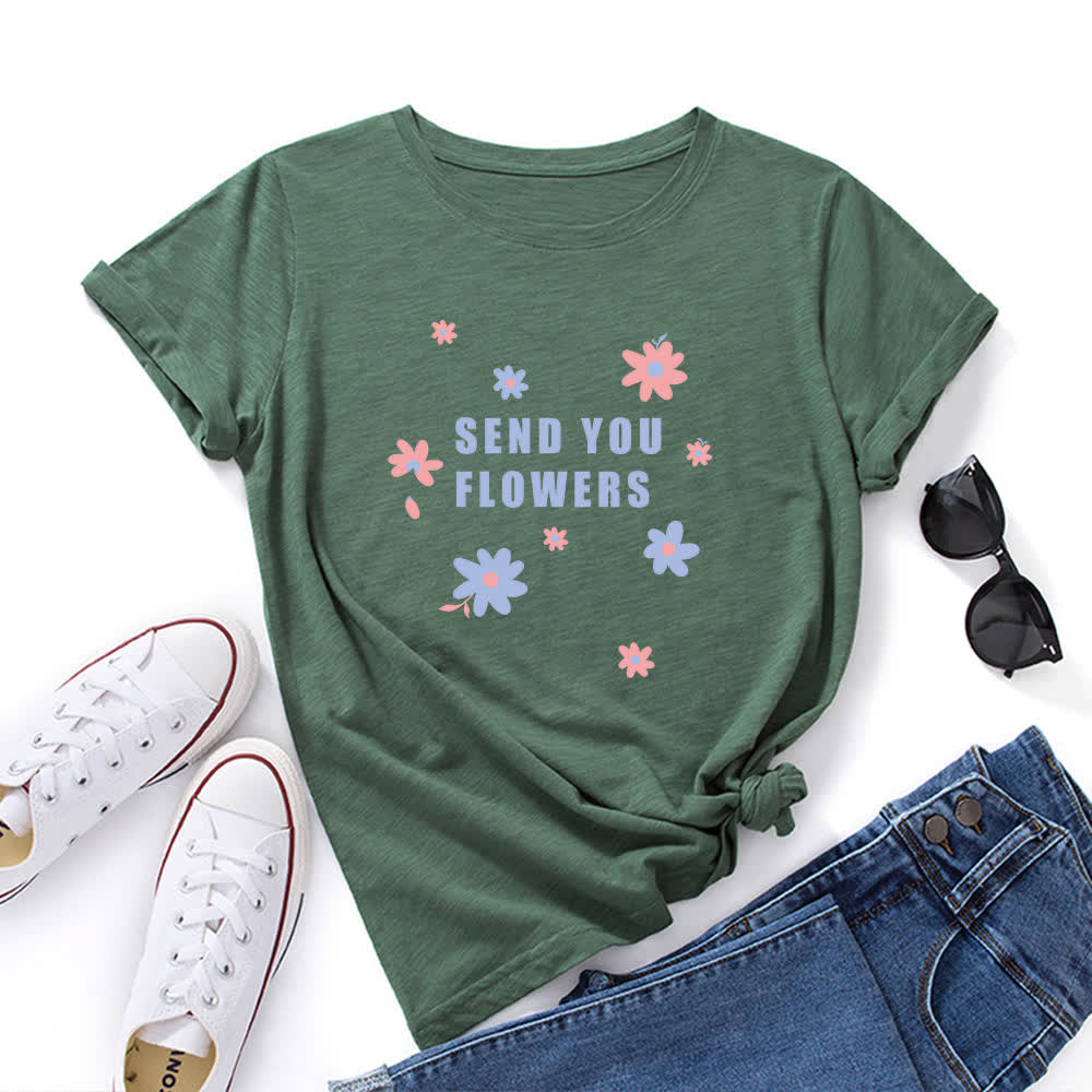 Plus Size Floral Round Neck Short Sleeve T-Shirt - Army Green - 5XL - image 5
