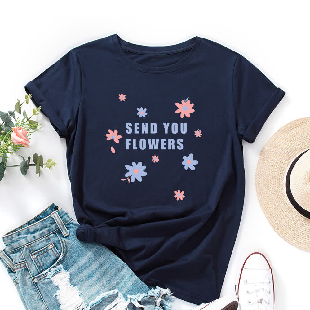 Plus Size Floral Round Neck Short Sleeve T-Shirt - Navy Blue - 5XL - image 6