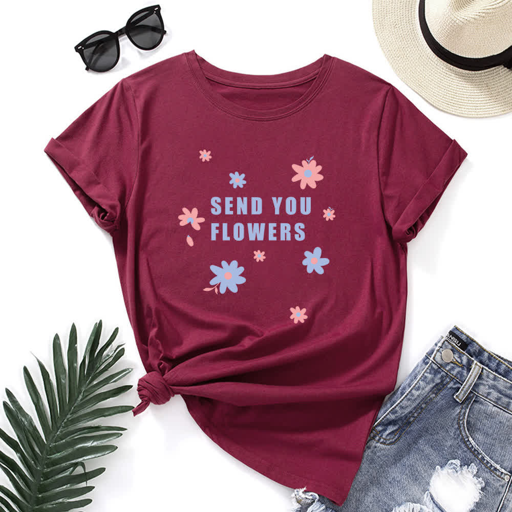 Plus Size Floral Round Neck Short Sleeve T-Shirt - Wine - 5XL - image 9