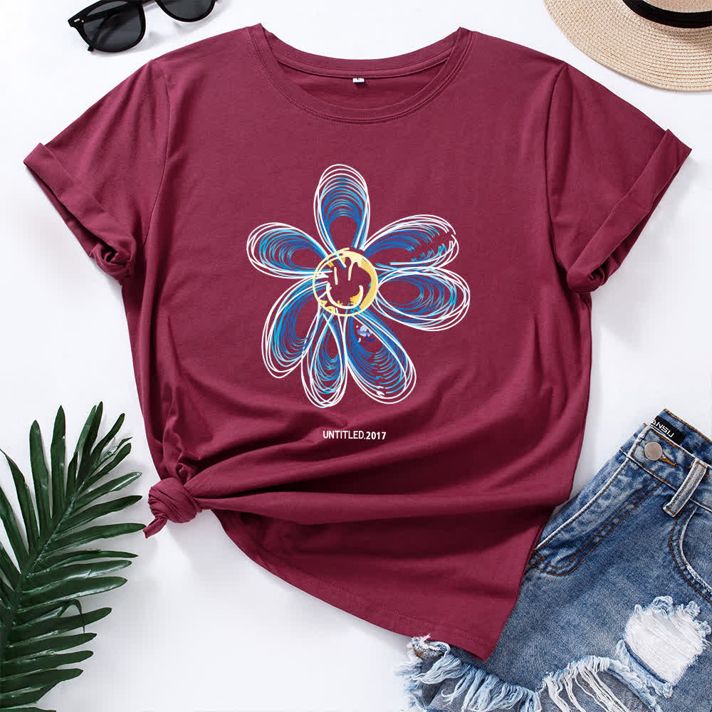 Plus Size Creative Floral Short Sleeve T-Shirt - Wine - 5XL - image 11