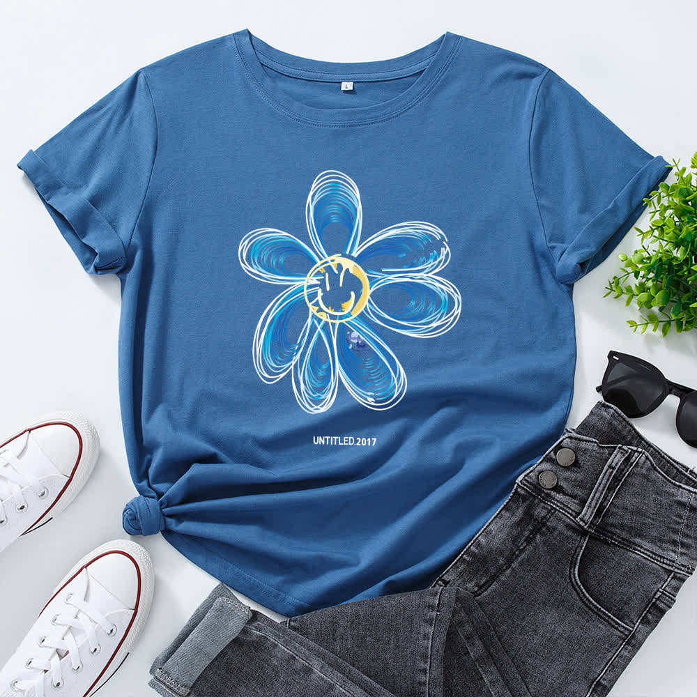 Plus Size Creative Floral Short Sleeve T-Shirt - Royal Blue - 5XL - image 4