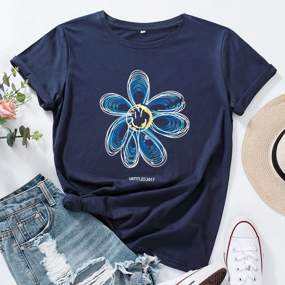 Plus Size Creative Floral Short Sleeve T-Shirt - Navy Blue - 5XL - image 7