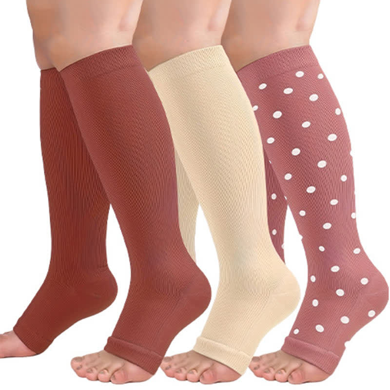 Polka Dot High Elastic Open Toe Compression Socks(3 Pairs) - Multicolor - 2XL - image 1