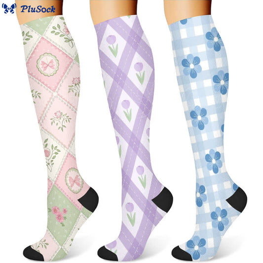 Plaid Floral Compression Socks(3 Pairs) - image 1