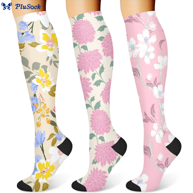Elegant Floral Compression Socks(3 Pairs) - Multicolor - S/M - image 1