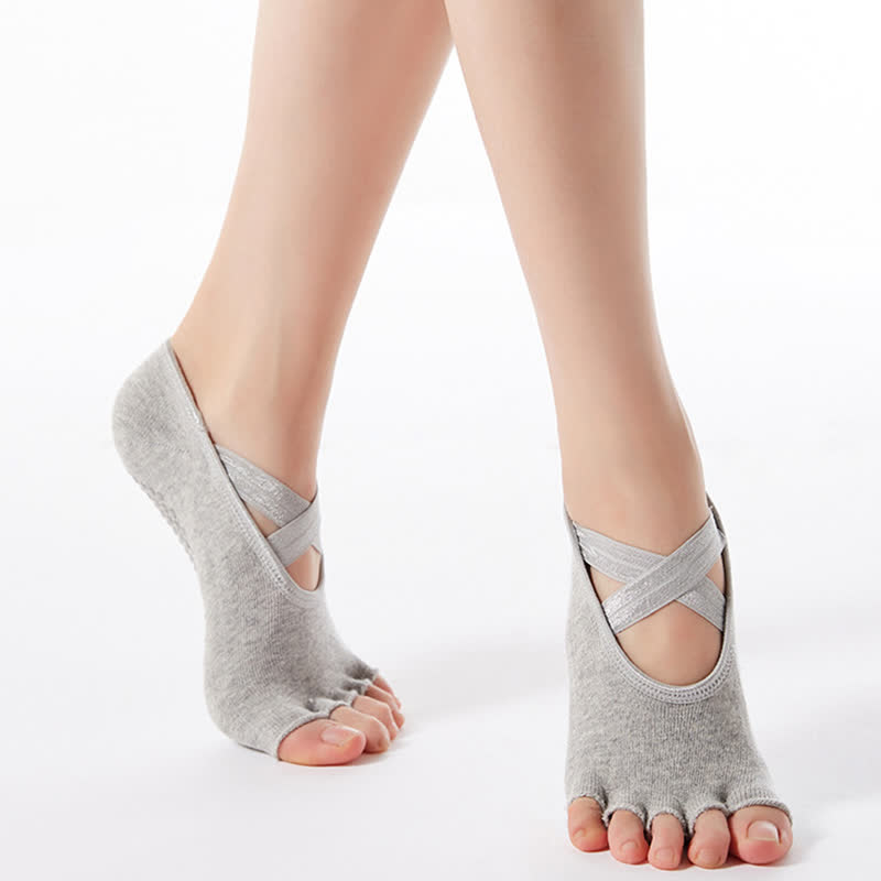 Cotton Non-Slip Cross Strap Open Toe Grip Socks(6 Pairs) - Light Gray - EU35-40(US4-7) - image 8