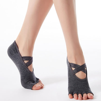 Cotton Non-Slip Cross Strap Open Toe Grip Socks(6 Pairs) - Dark Grey - EU35-40(US4-7) - image 10