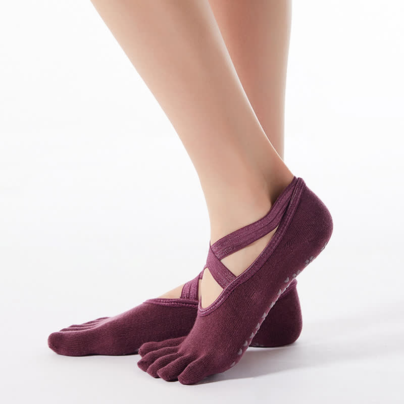 Cotton Non-Slip Cross Strap Five-Toe Floor Socks(4 Pairs)