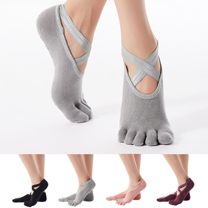 Cotton Non-Slip Cross Strap Five-Toe Grip Socks(4 Pairs) - Multicolor - EU35-40(US4-7) - image 0