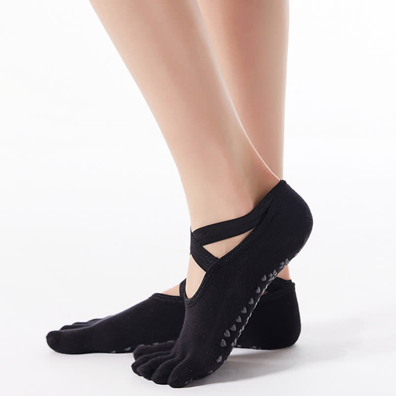 Cotton Non-Slip Cross Strap Five-Toe Floor Socks(4 Pairs)