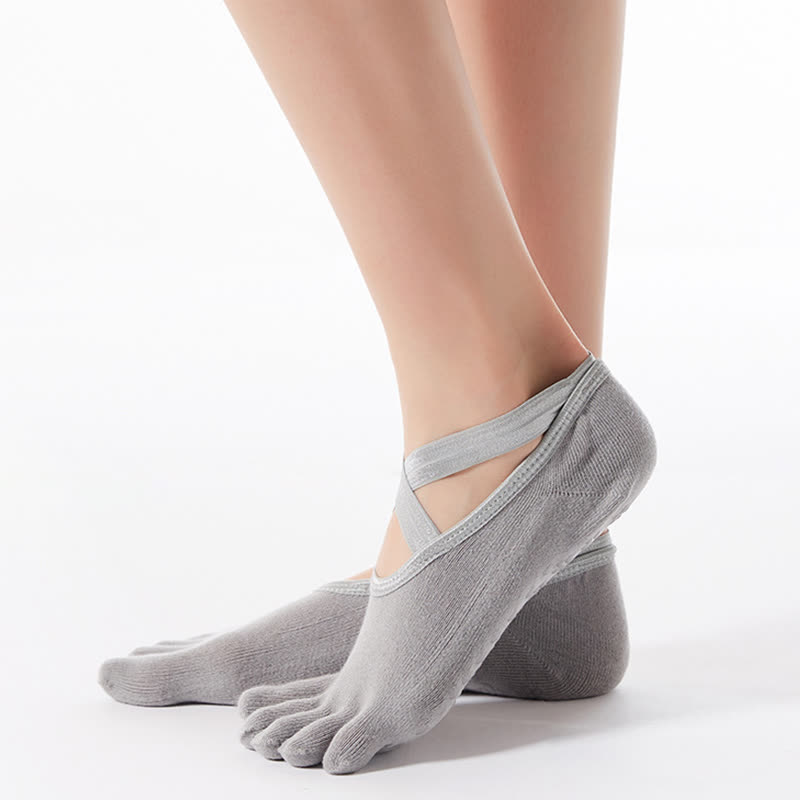 Cotton Non-Slip Cross Strap Five-Toe Grip Socks(4 Pairs) - Grey - EU35-40(US4-7) - image 5