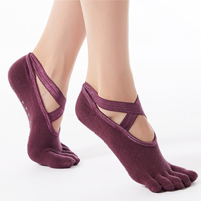 Cotton Non-Slip Cross Strap Five-Toe Floor Socks(4 Pairs)