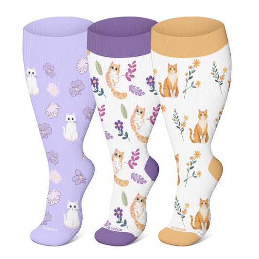 Plus Size Cat Flowers Compression Socks(3 Pairs)