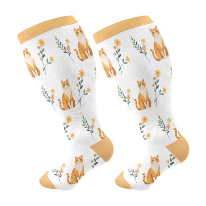 Plus Size Cat Flowers Compression Socks(3 Pairs) - Yellow - 4XL - image 7