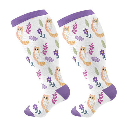 Plus Size Cat Flowers Compression Socks(3 Pairs) - White - 4XL - image 6