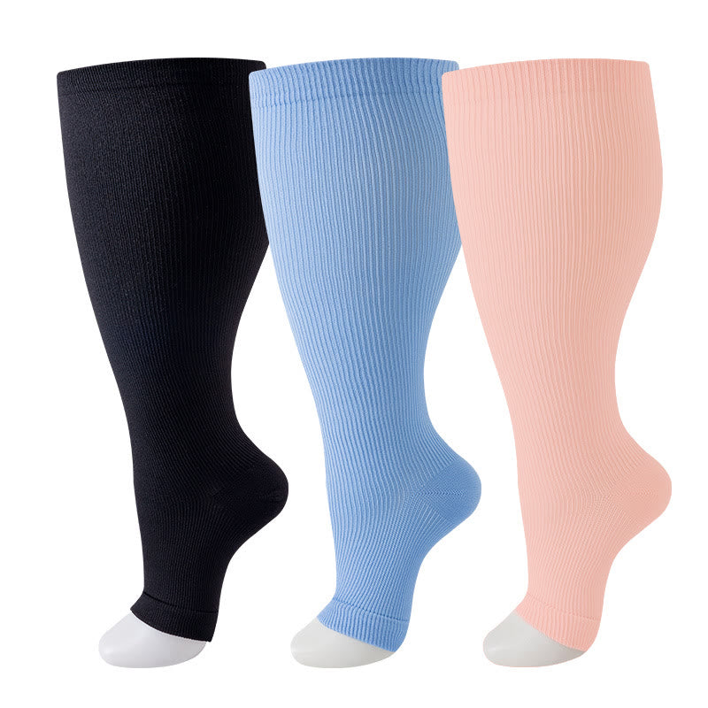 Plus Size Black Blue Pink Open Toe Compression Socks(3 Pairs)