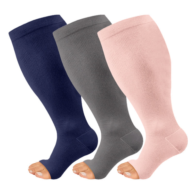 Plus Size Navy Blue Pink Open Toe Compression Socks(3 Pairs)