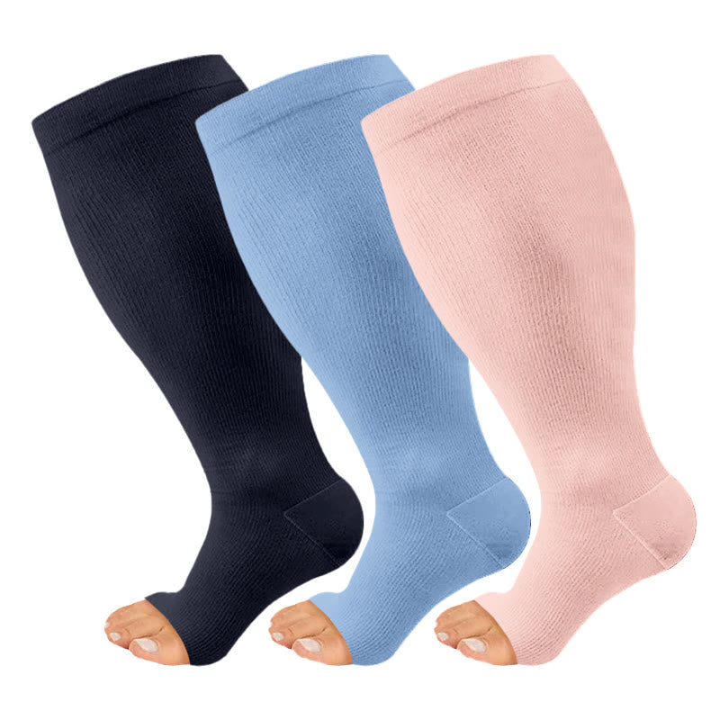 Plus Size Black Blue Pink Open Toe Compression Socks(3 Pairs) - Multicolor - 4XL - image 0