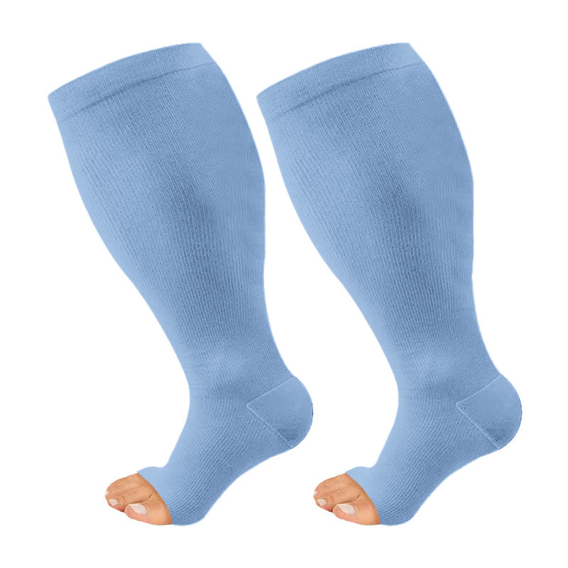 Plus Size Black Blue Pink Open Toe Compression Socks(3 Pairs) - Blue - 4XL - image 3