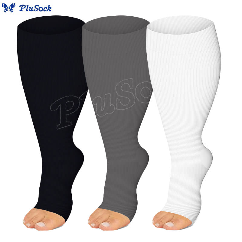 Plus Size Black White Gray Open Toe Compression Socks(3 Pairs)