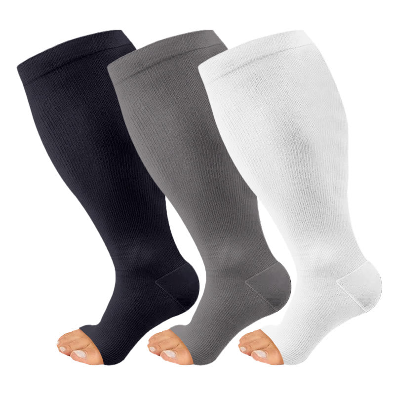 Plus Size Black White Gray Open Toe Compression Socks(3 Pairs)