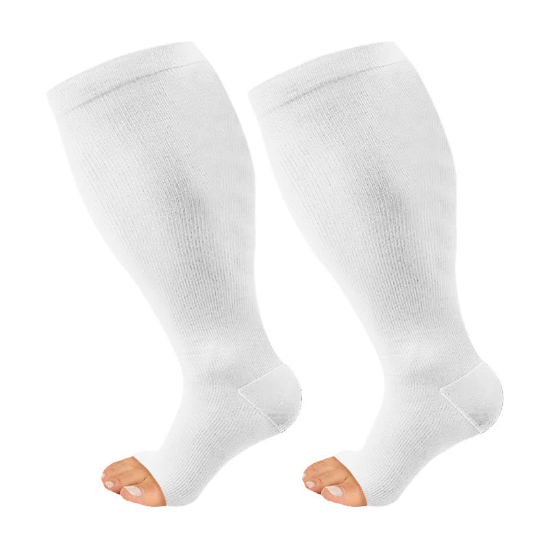 Plus Size Black White Gray Open Toe Compression Socks(3 Pairs) - White - 4XL - image 8