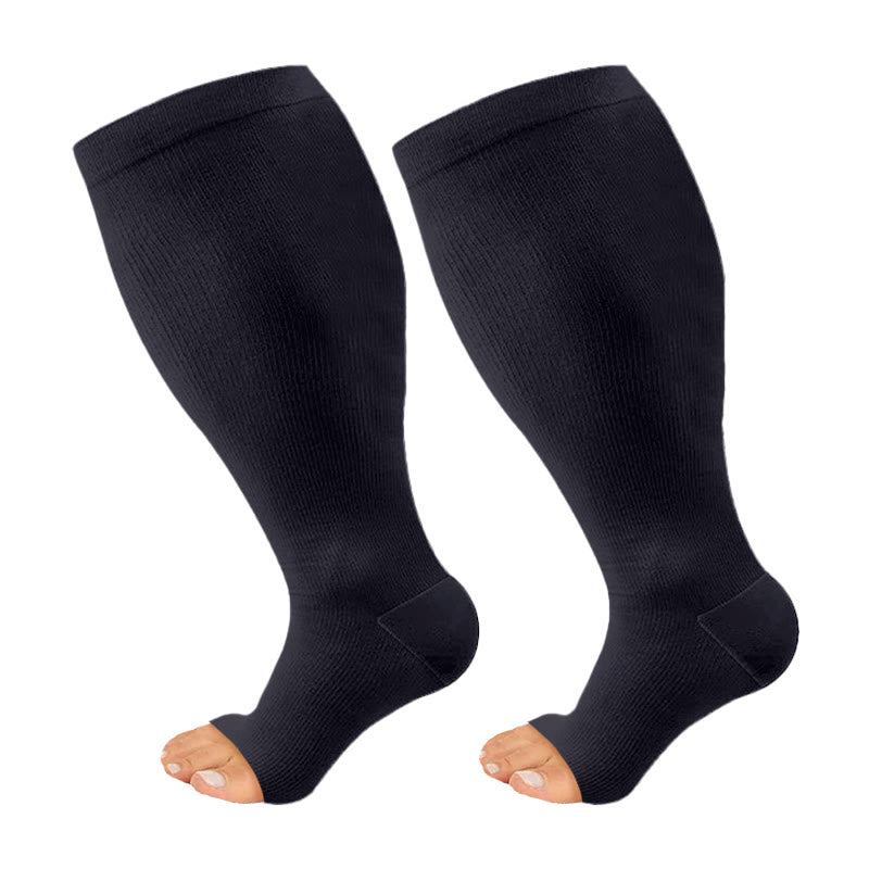 Plus Size Black White Gray Open Toe Compression Socks(3 Pairs)